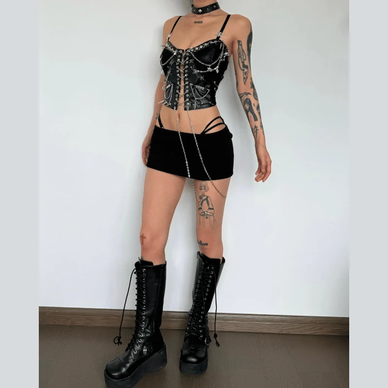 Leather chain rivet lace up cami top-final-sale