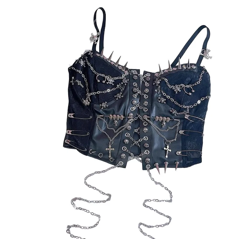 Leather chain rivet lace up cami top-final-sale