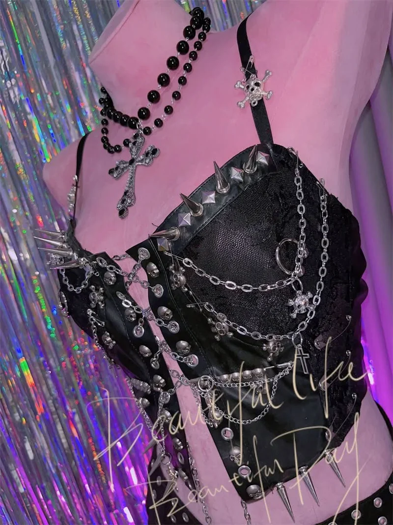 Leather chain rivet lace up cami top-final-sale