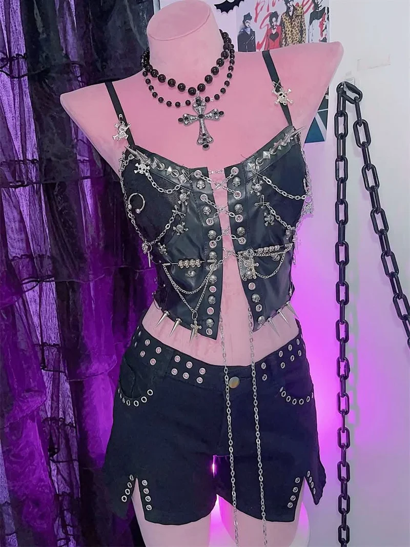 Leather chain rivet lace up cami top-final-sale