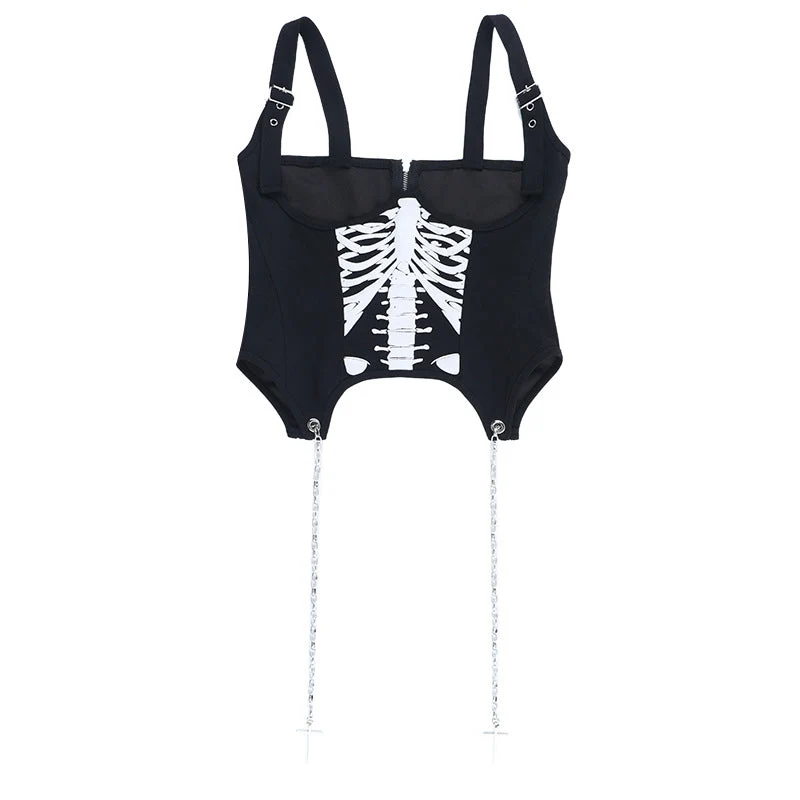 Metallic chain zip-up bone pattern buckle cami top