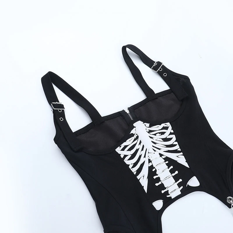 Metallic chain zip-up bone pattern buckle cami top
