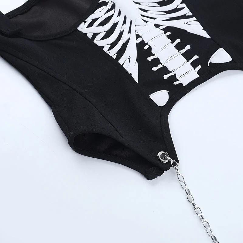 Metallic chain zip-up bone pattern buckle cami top