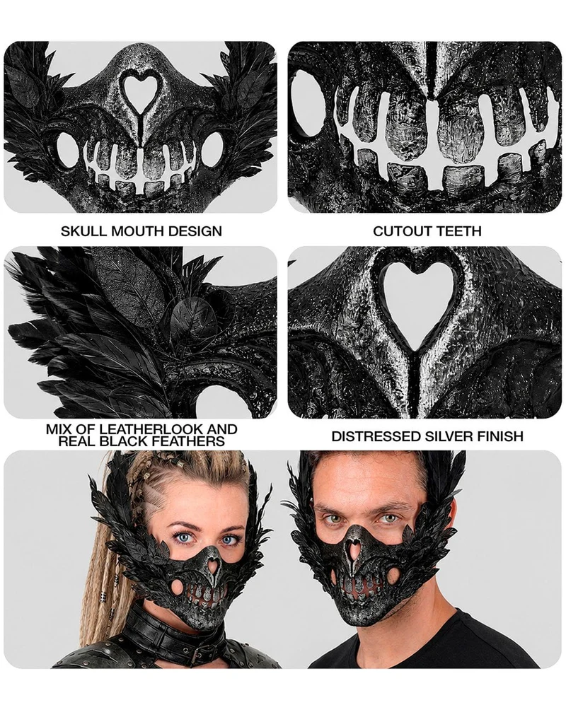 Skelettmund Maske mit Federn