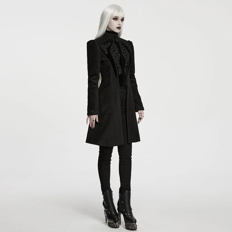 Schwarzer Damenmantel im Gothic-Stil mit Applikationen, Schnürung und Reißverschluss vorne