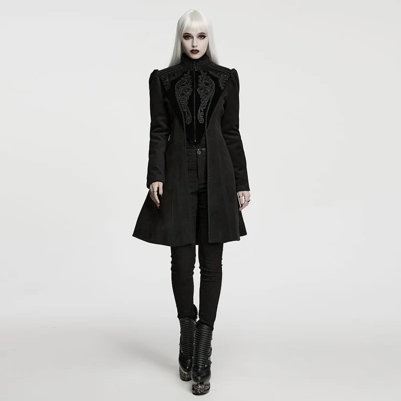 Schwarzer Damenmantel im Gothic-Stil mit Applikationen, Schnürung und Reißverschluss vorne