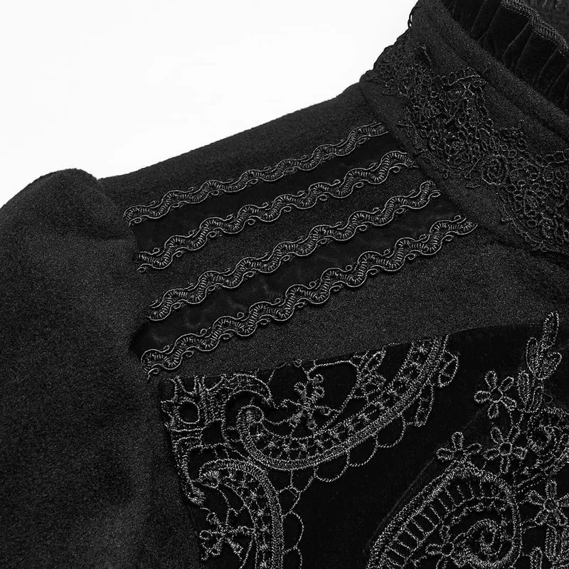 Schwarzer Damenmantel im Gothic-Stil mit Applikationen, Schnürung und Reißverschluss vorne