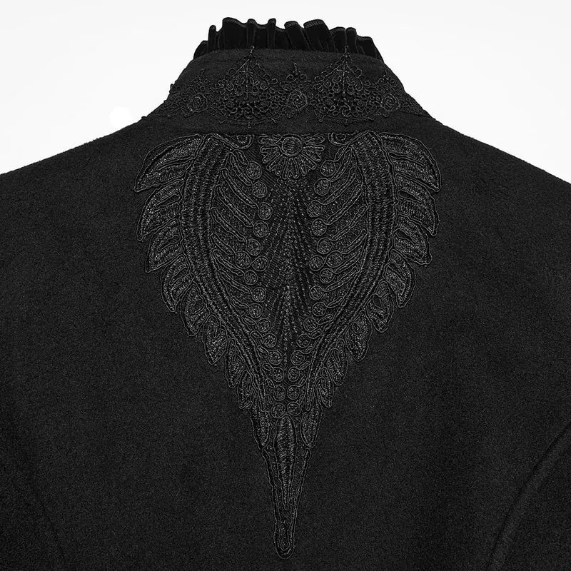 Schwarzer Damenmantel im Gothic-Stil mit Applikationen, Schnürung und Reißverschluss vorne