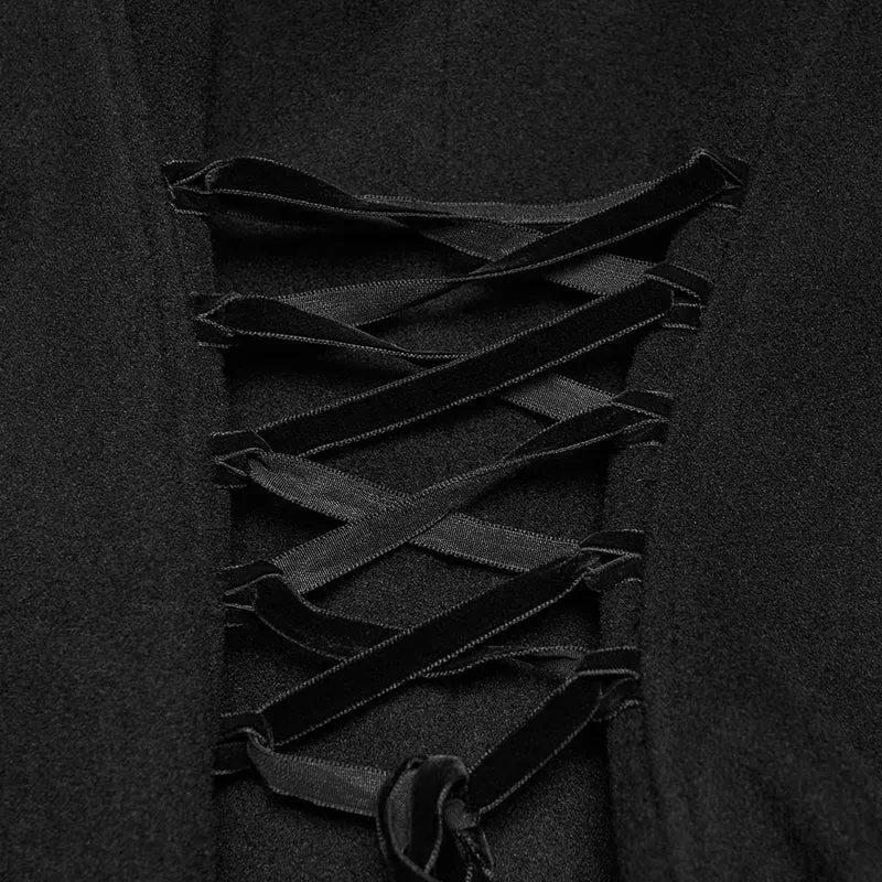 Schwarzer Damenmantel im Gothic-Stil mit Applikationen, Schnürung und Reißverschluss vorne