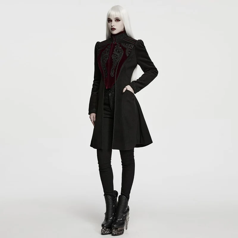 Gothic-Damenmantel mit Applikationen, Schnürung und Reißverschluss vorne, Schwarz-Rot