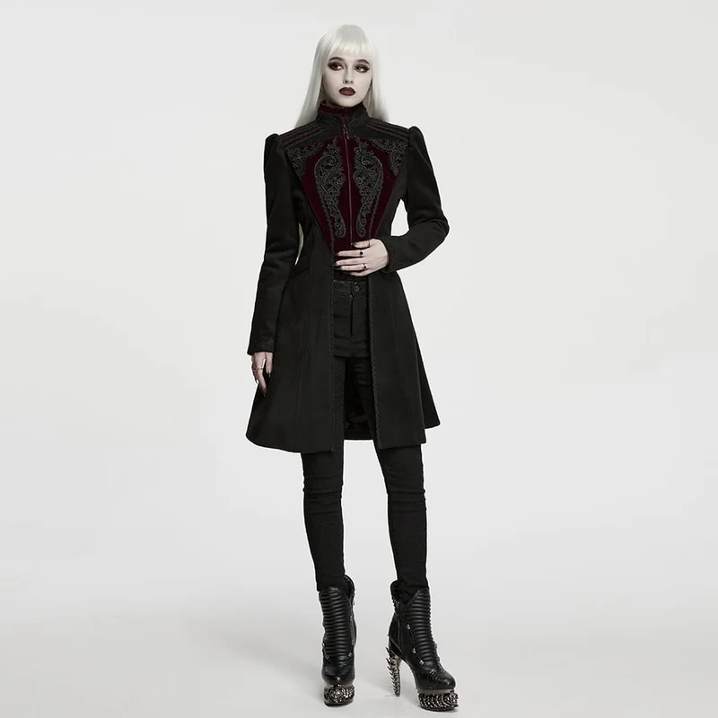 Gothic-Damenmantel mit Applikationen, Schnürung und Reißverschluss vorne, Schwarz-Rot