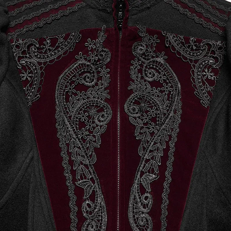 Gothic-Damenmantel mit Applikationen, Schnürung und Reißverschluss vorne, Schwarz-Rot