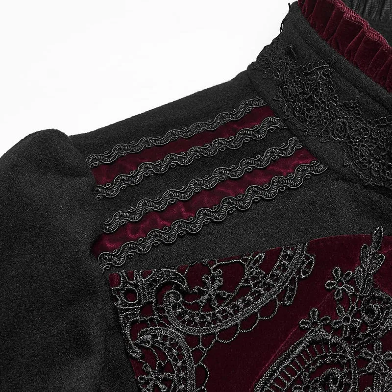 Gothic-Damenmantel mit Applikationen, Schnürung und Reißverschluss vorne, Schwarz-Rot