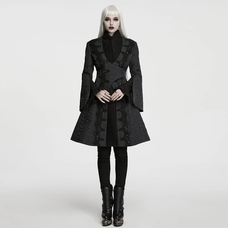Gothic-Damenjacke mit Stickerei, Stehkragen und asymmetrischem Schnitt