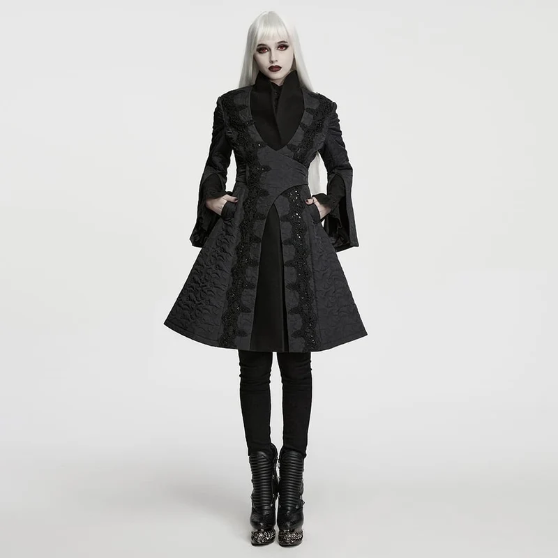Gothic-Damenjacke mit Stickerei, Stehkragen und asymmetrischem Schnitt