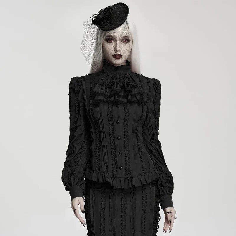 Gothic-Damenbluse mit Rüschen, Schnürung und abnehmbarem Kragen