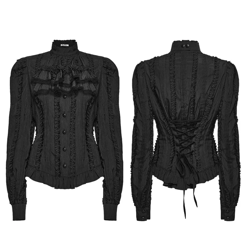 Gothic-Damenbluse mit Rüschen, Schnürung und abnehmbarem Kragen