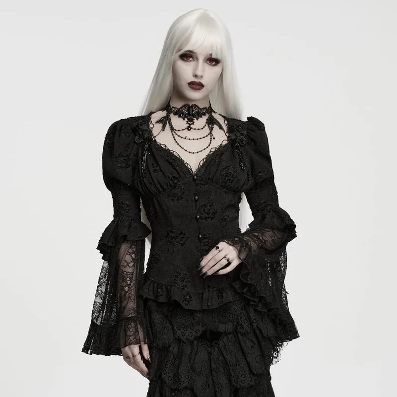 Gothic-Jacquard-Damenbluse mit tiefem V-Ausschnitt und Puffärmeln