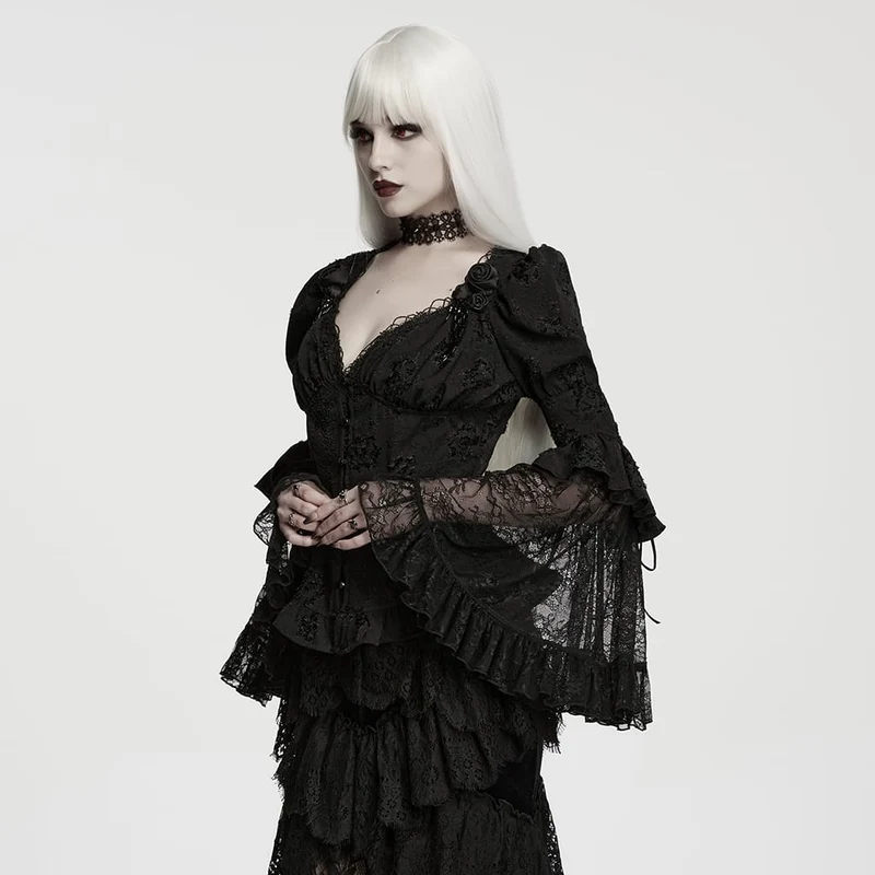Gothic-Jacquard-Damenbluse mit tiefem V-Ausschnitt und Puffärmeln