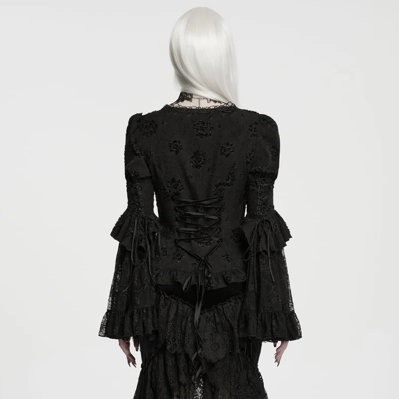 Gothic-Jacquard-Damenbluse mit tiefem V-Ausschnitt und Puffärmeln