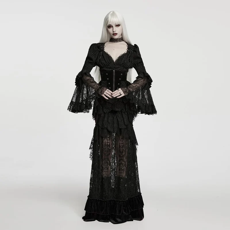 Gothic-Jacquard-Damenbluse mit tiefem V-Ausschnitt und Puffärmeln