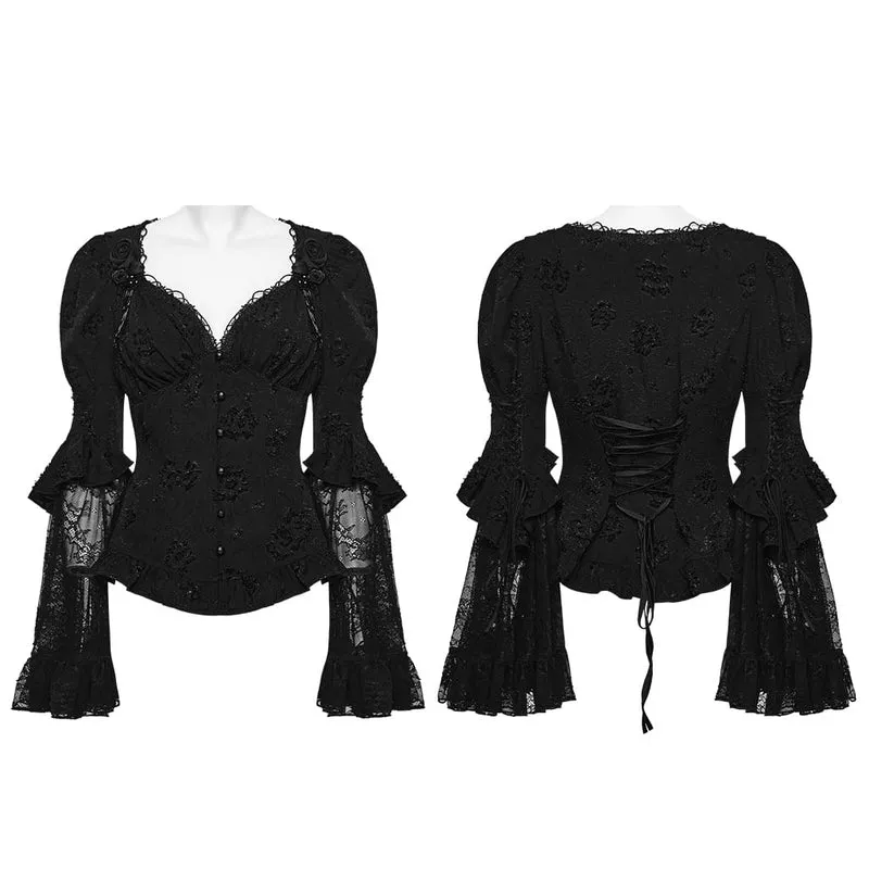 Gothic-Jacquard-Damenbluse mit tiefem V-Ausschnitt und Puffärmeln