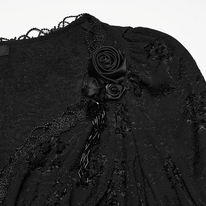 Gothic-Jacquard-Damenbluse mit tiefem V-Ausschnitt und Puffärmeln