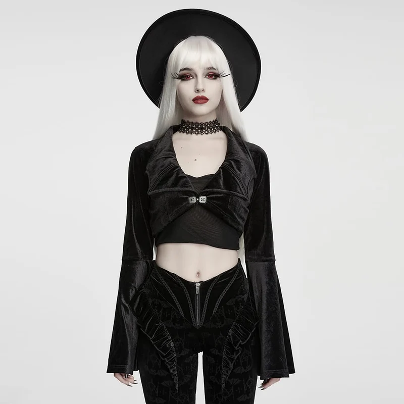 Gothic-Kurzjacke aus Samt für Damen mit Fledermauskragen und ausgestellten Ärmeln