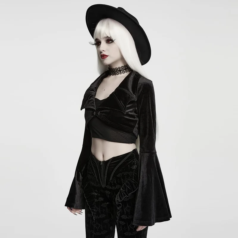 Gothic-Kurzjacke aus Samt für Damen mit Fledermauskragen und ausgestellten Ärmeln
