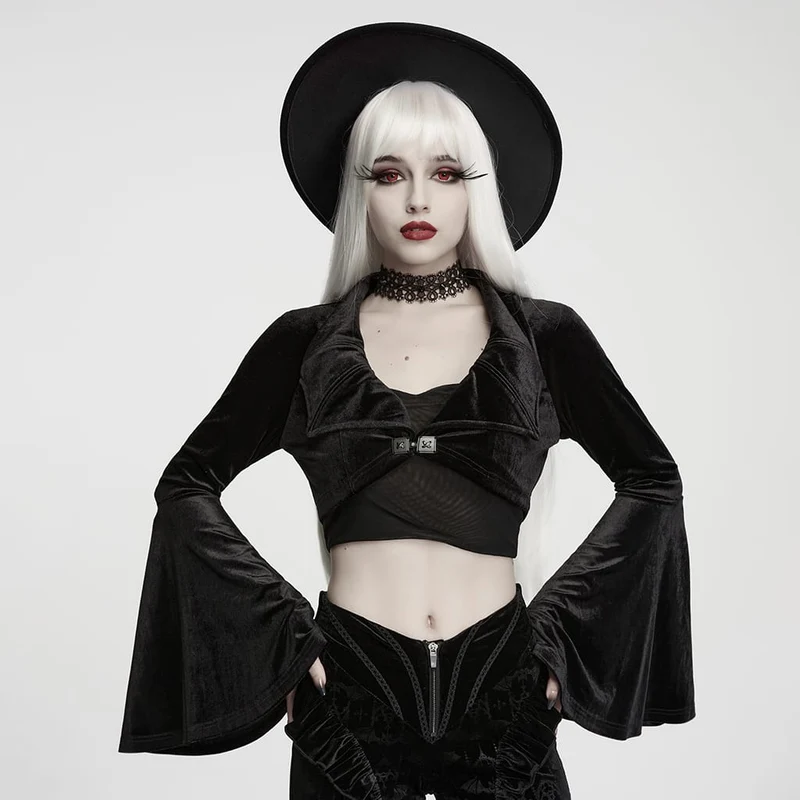 Gothic-Kurzjacke aus Samt für Damen mit Fledermauskragen und ausgestellten Ärmeln