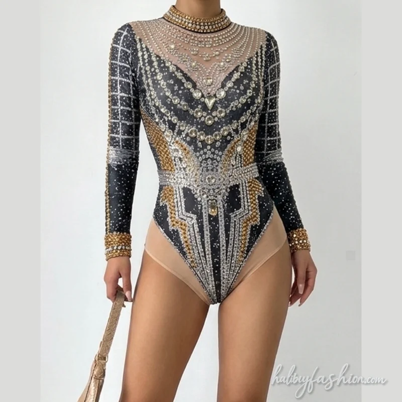 Beaded long sleeve crewneck plaid romper