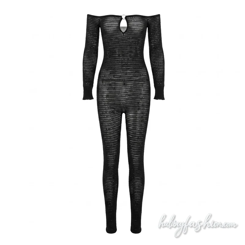 Off shoulder long sleeve hollow out o ring jumpsuit