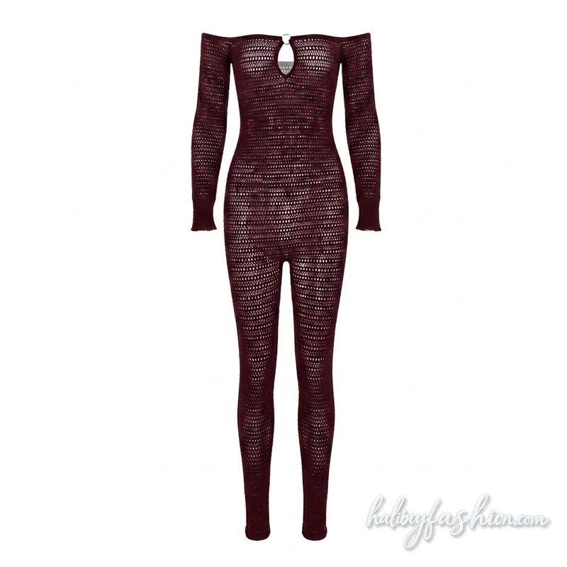 Off shoulder long sleeve hollow out o ring jumpsuit