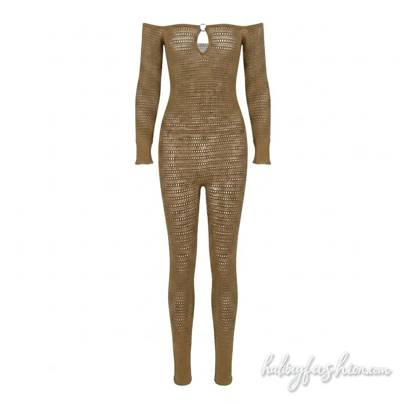 Off shoulder long sleeve hollow out o ring jumpsuit