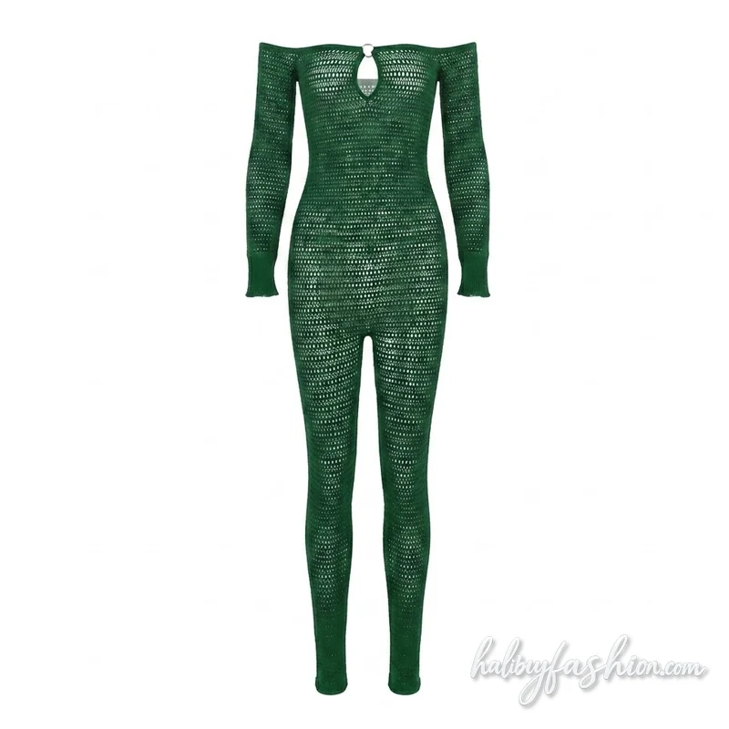 Off shoulder long sleeve hollow out o ring jumpsuit