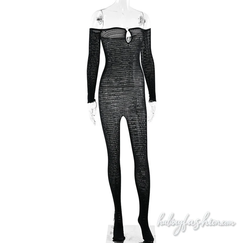Off shoulder long sleeve hollow out o ring jumpsuit