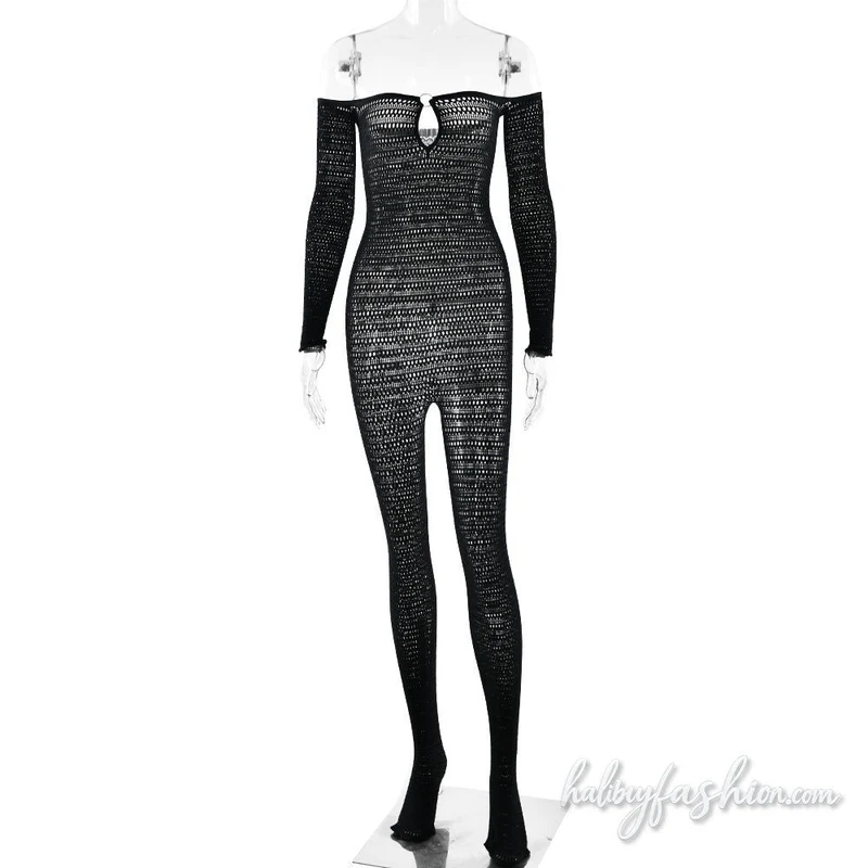 Off shoulder long sleeve hollow out o ring jumpsuit