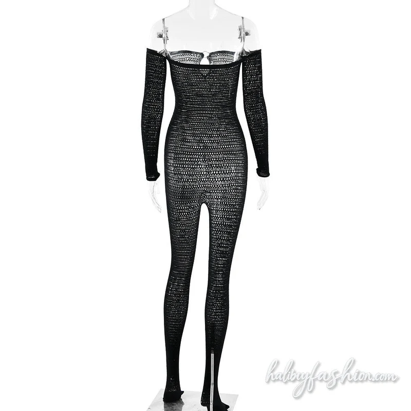 Off shoulder long sleeve hollow out o ring jumpsuit