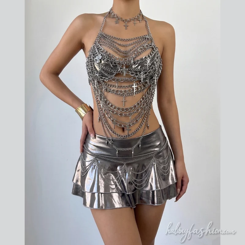 Metal chain halter hollow out cross applique top