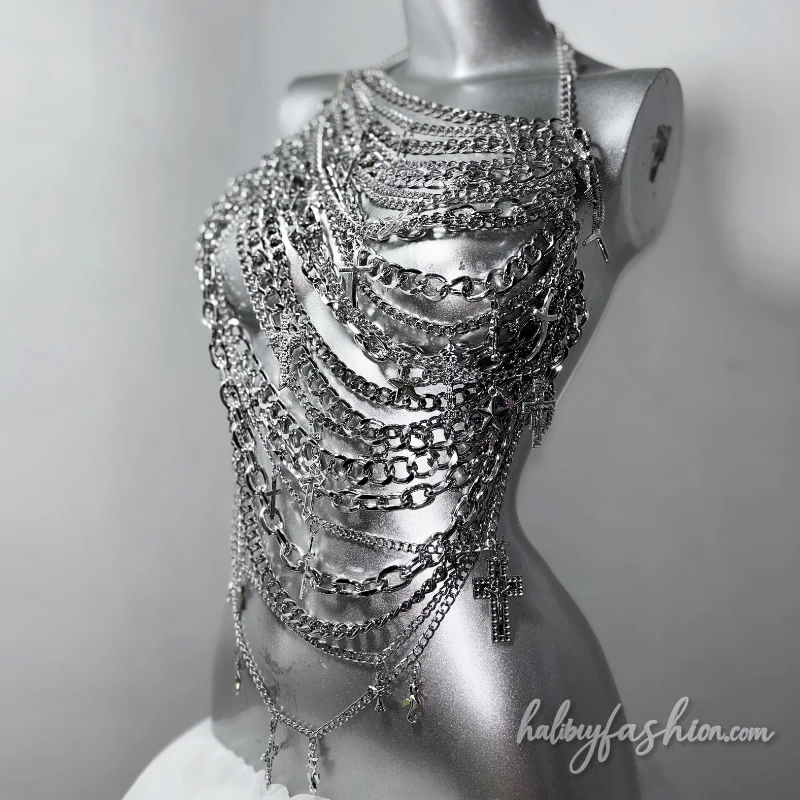 Metal chain halter hollow out cross applique top