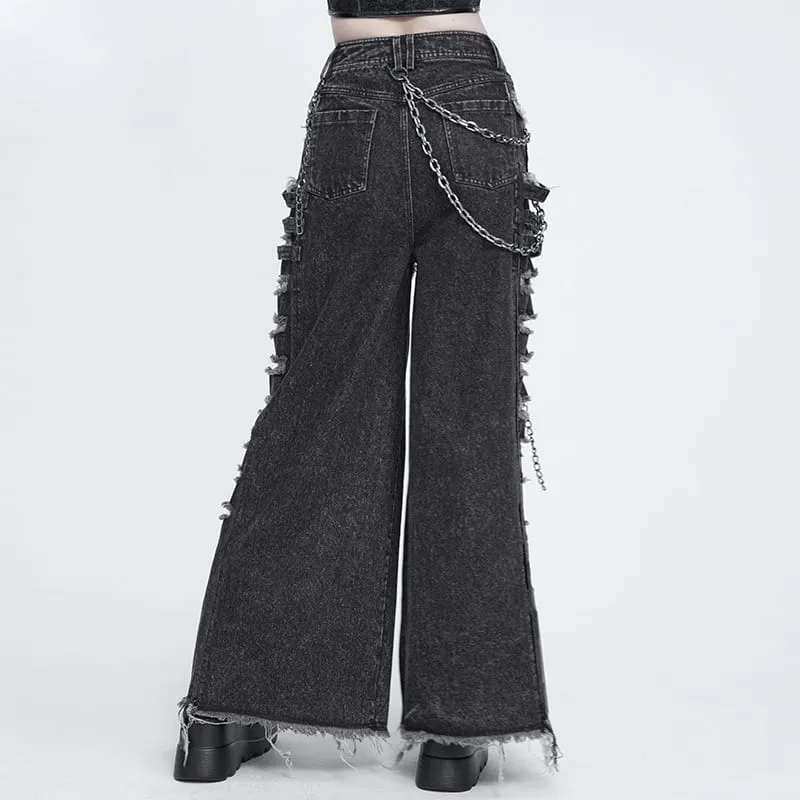 Punk-Jeans für Damen mit Kettenmuster, Rissen und weitem Bein