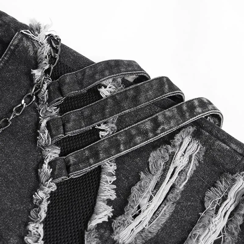 Punk-Jeans für Damen mit Kettenmuster, Rissen und weitem Bein