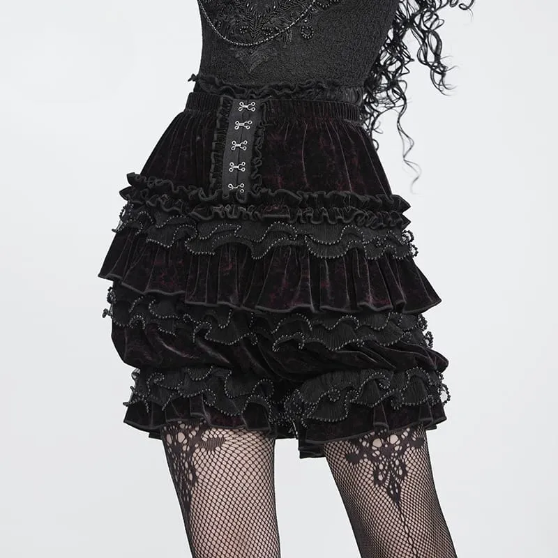 Gothic-Shorts für Damen, mehrlagig, mit Perlen und Rüschen, Samt, Schwarz-Rot