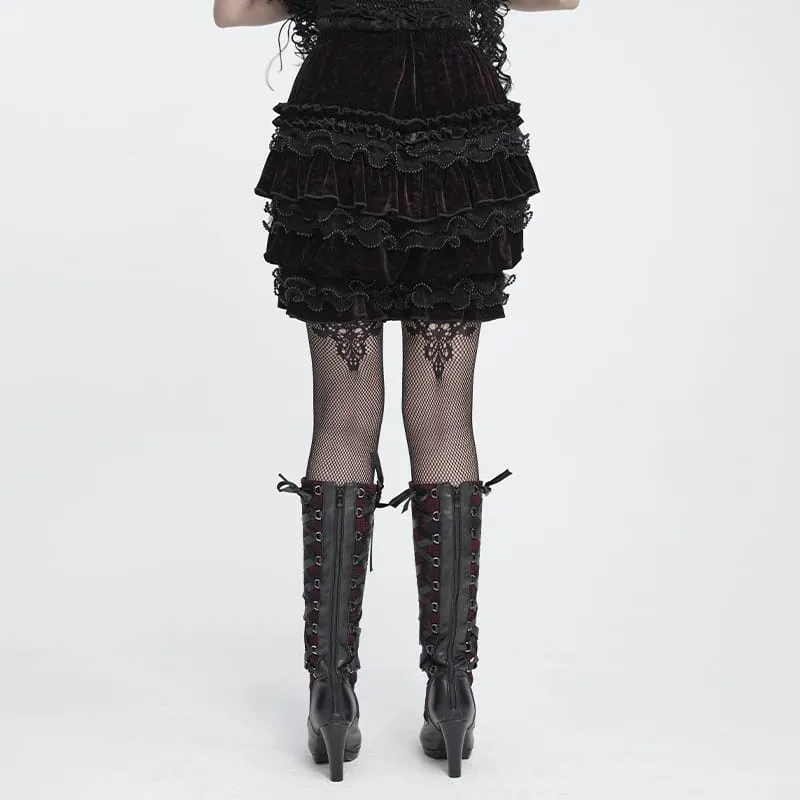 Gothic-Shorts für Damen, mehrlagig, mit Perlen und Rüschen, Samt, Schwarz-Rot