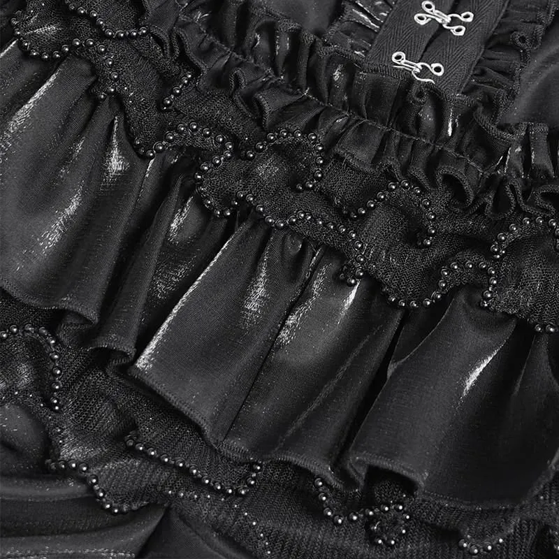 Gothic-Shorts für Damen, mehrlagig, mit Perlen und Rüschen, elastischem Bund
