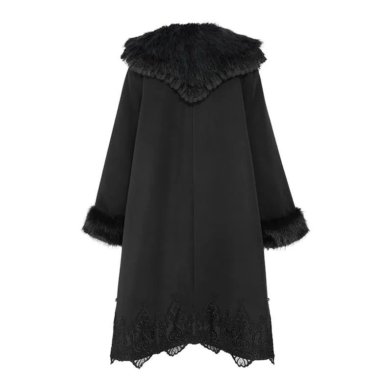 Langer Damenmantel im Gothic-Stil mit Kunstpelzkragen, Spitzenstickerei und abnehmbarer Schleife