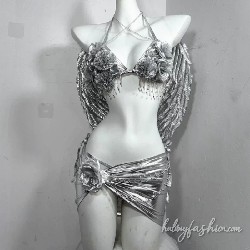 Metallic flower applique chain halter crop top