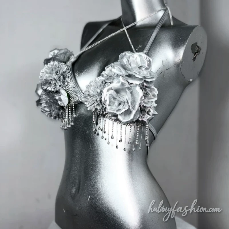 Metallic flower applique chain halter crop top
