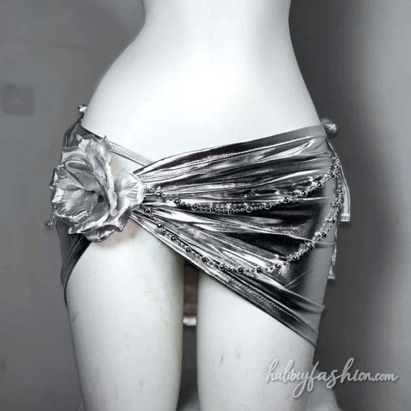 Metallic flower applique chain halter crop top