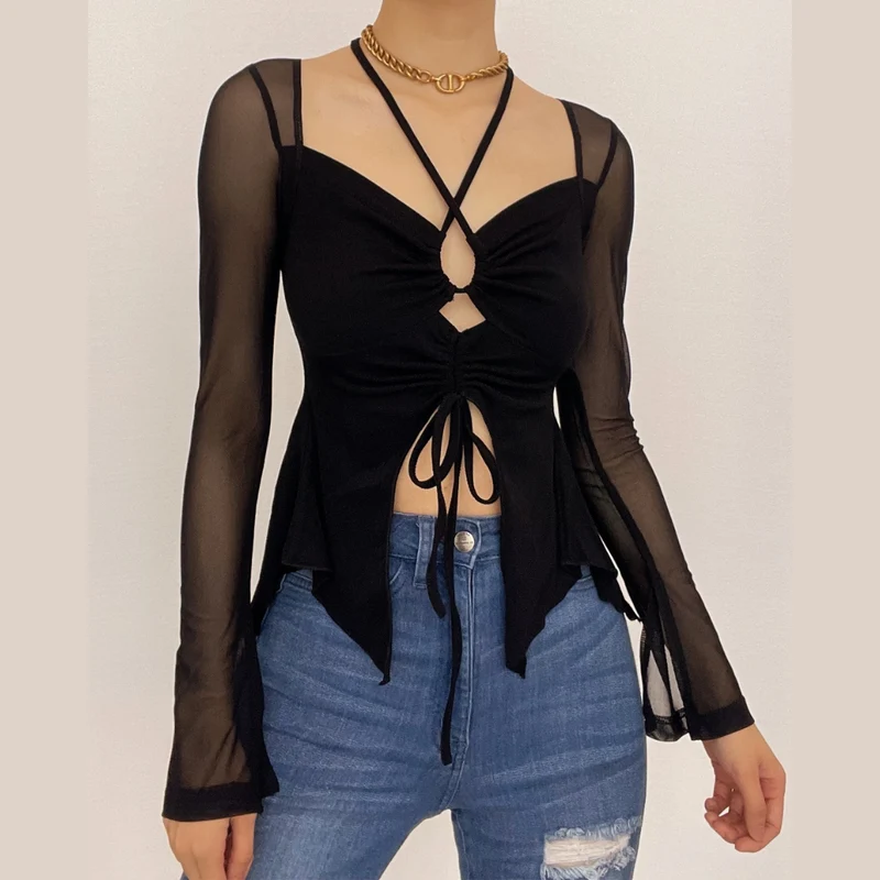 Mesh halter cut out long sleeve self tie crop top-final-sale